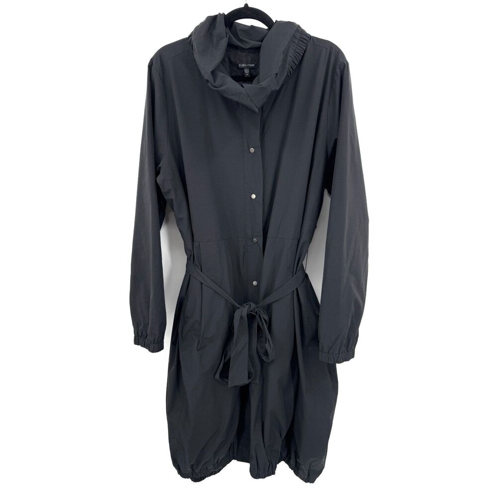 EILEEN FISHER Black Long Stand Collar Cotton Nylon Belted Jacket Size XL 1X